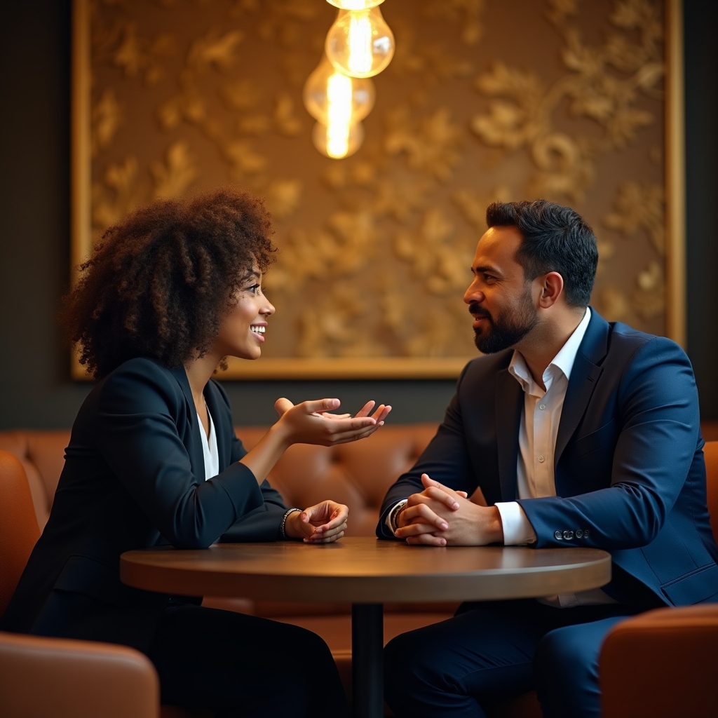 Two professionals in conversation reviewing a consulting offer during an informal meeting