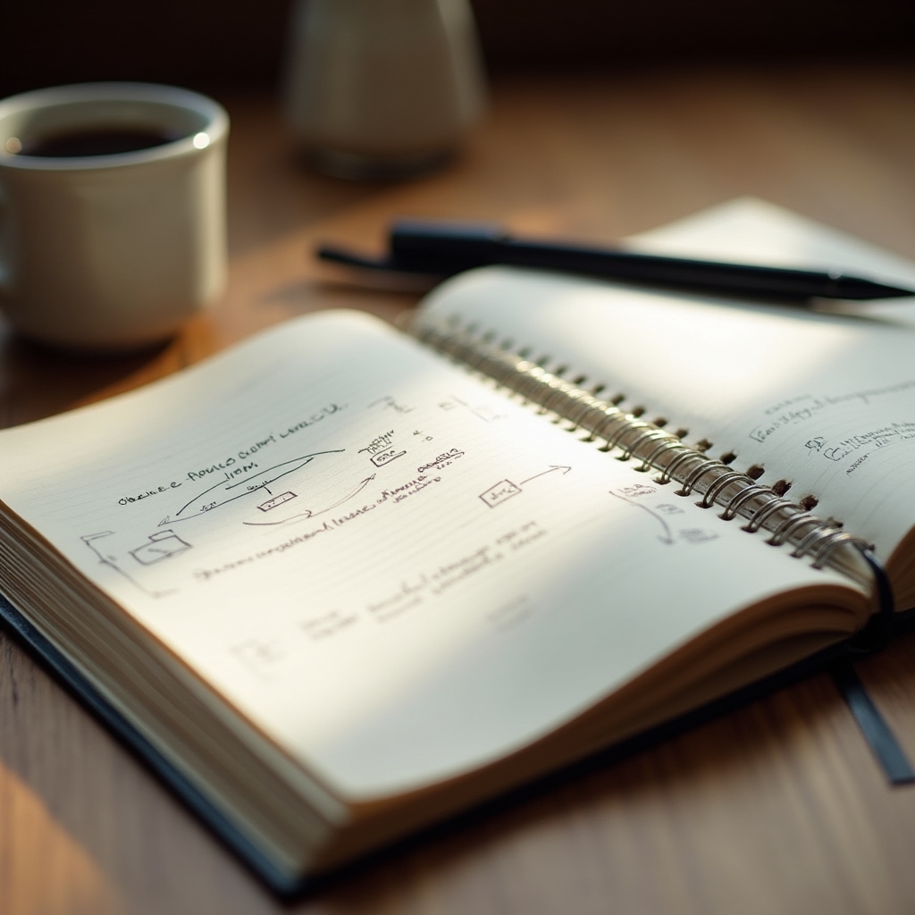 Notebook with handwritten planning notes for a consulting offer next to a pen and coffee cup