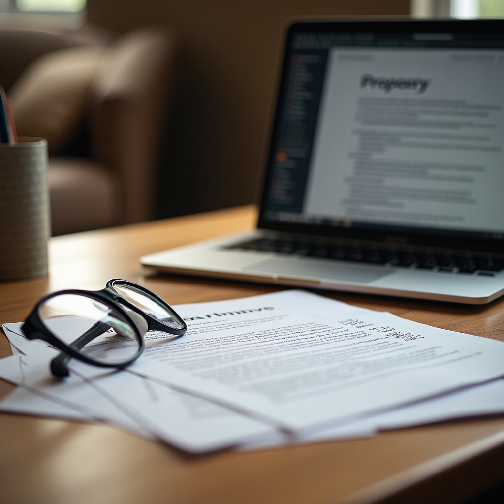 Close-up of a desk with a laptop and printed proposal framework