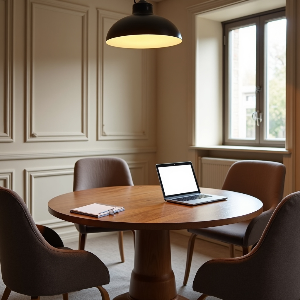 Small meeting room with a wooden table used for recording workshop sessions