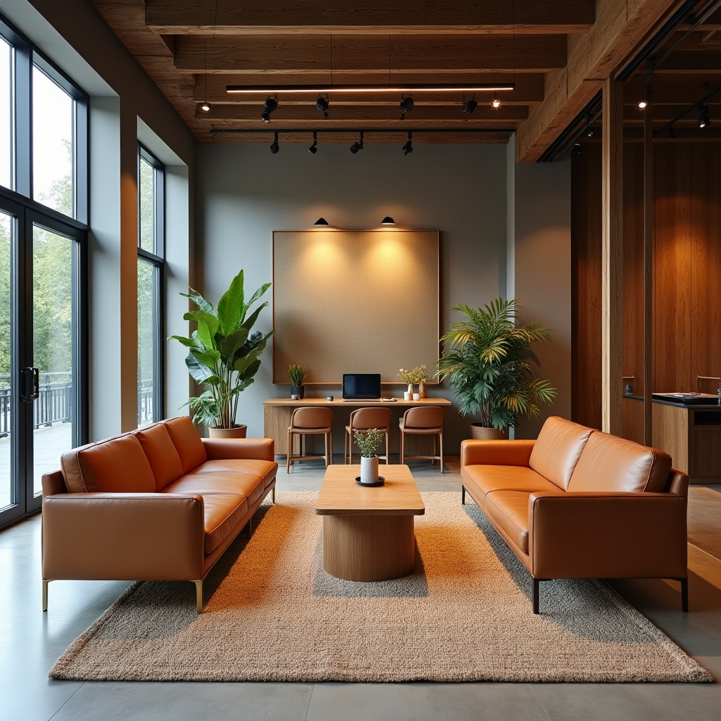 Upscale office lounge with comfortable seating used for reviewing applications