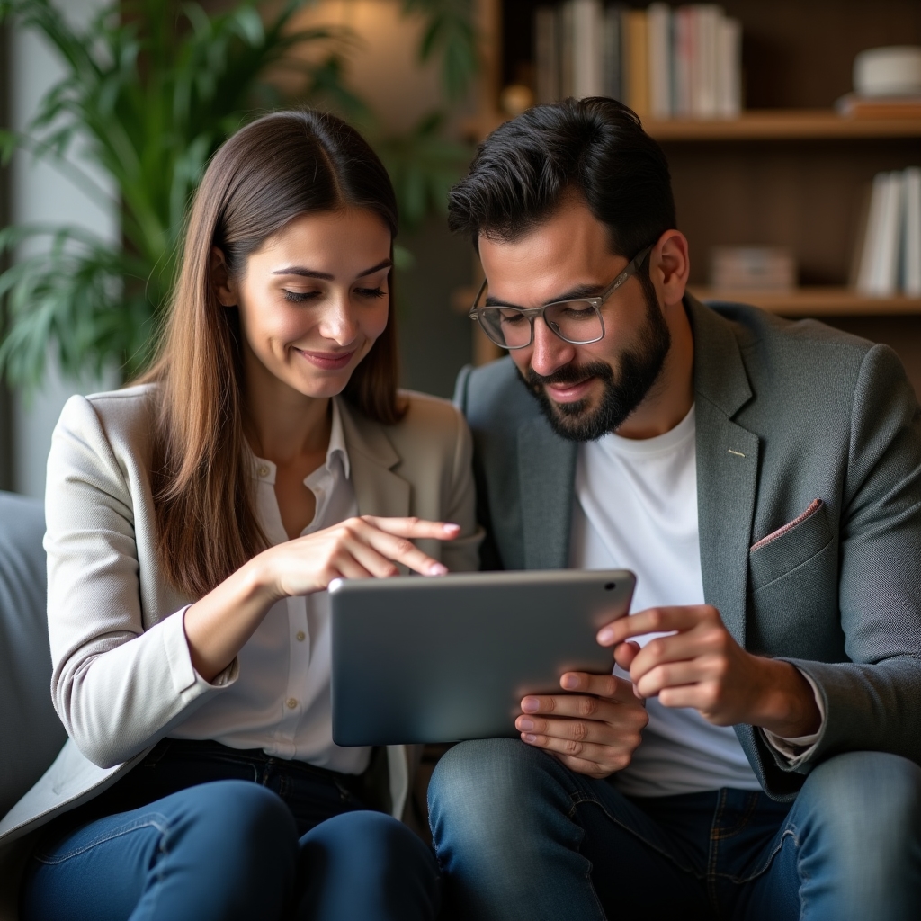 Two colleagues reviewing a one-page proposal template on a tablet