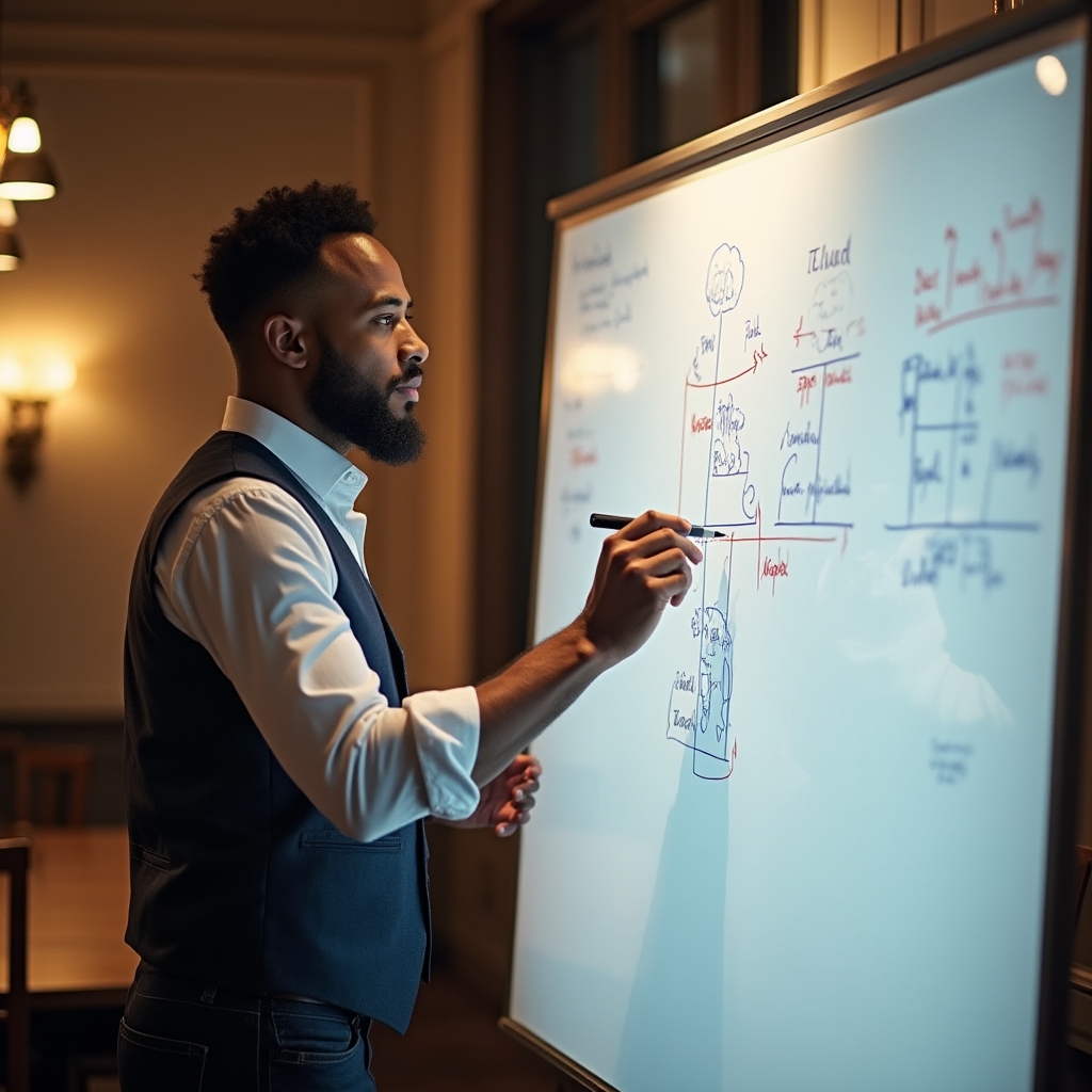 Consultant marking scope boundaries on a whiteboard during a planning session