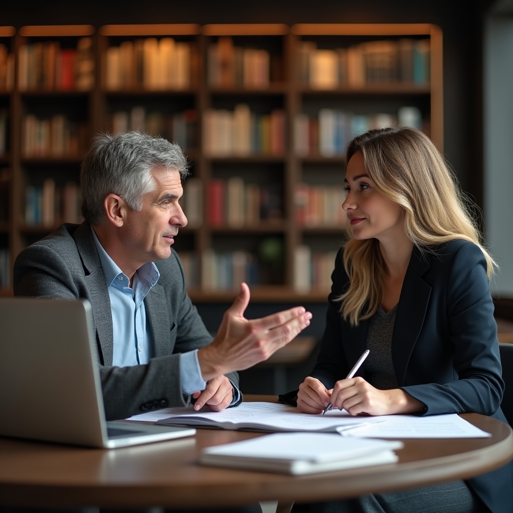 Two people discussing consulting questions across a table with notes and a laptop