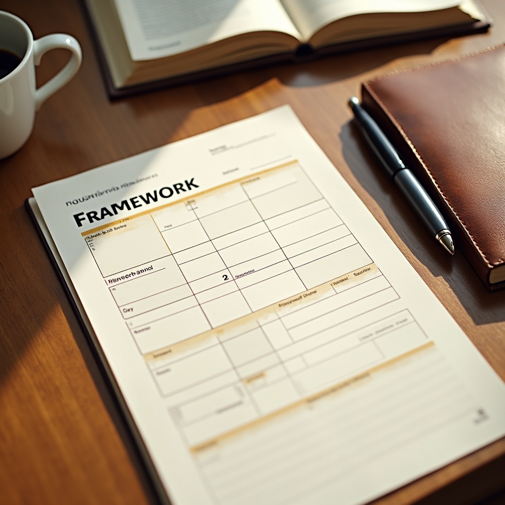 Downloadable framework worksheet laid out on a wooden desk beside a notebook