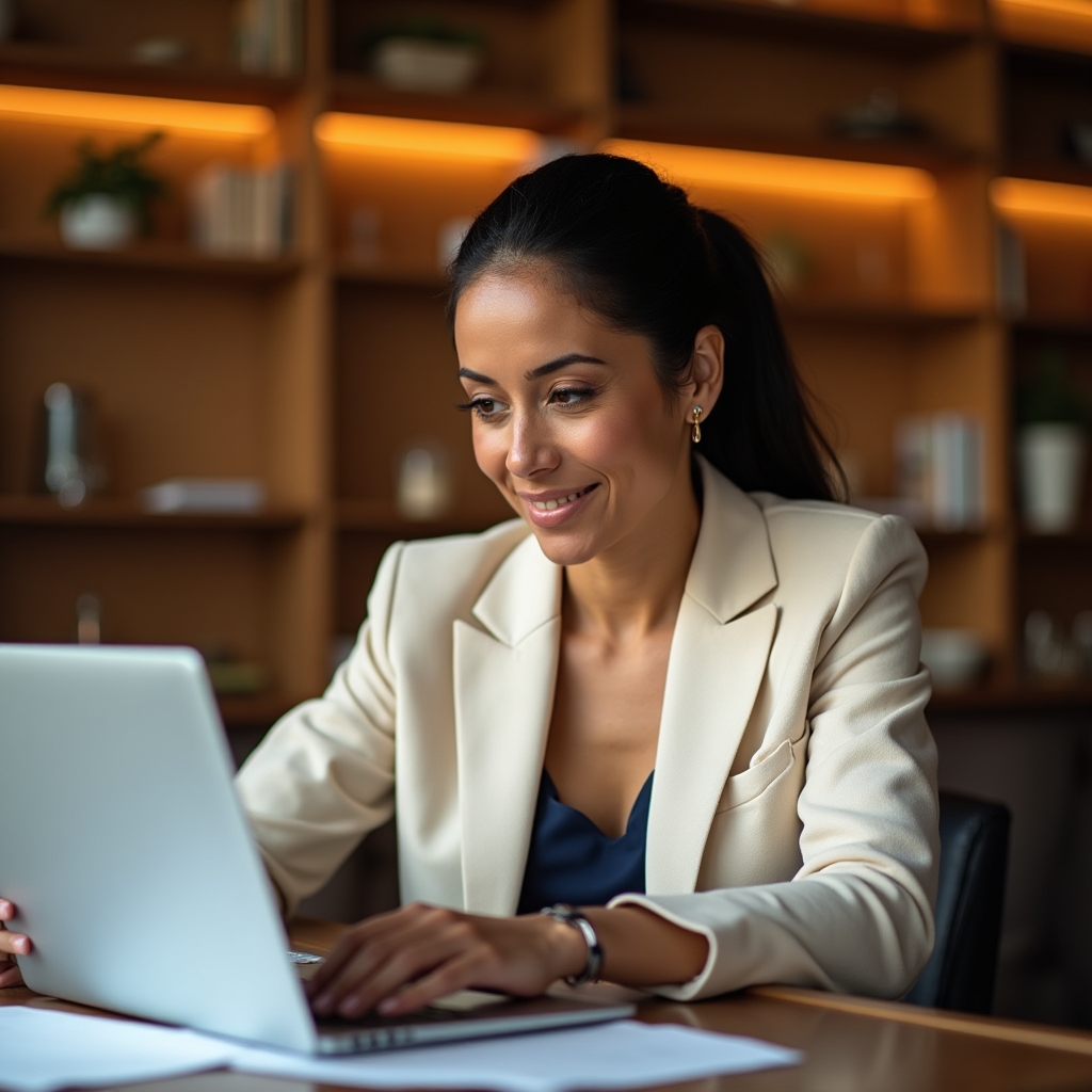 Consultant reviewing a proposal framework on a laptop in a lounge setting