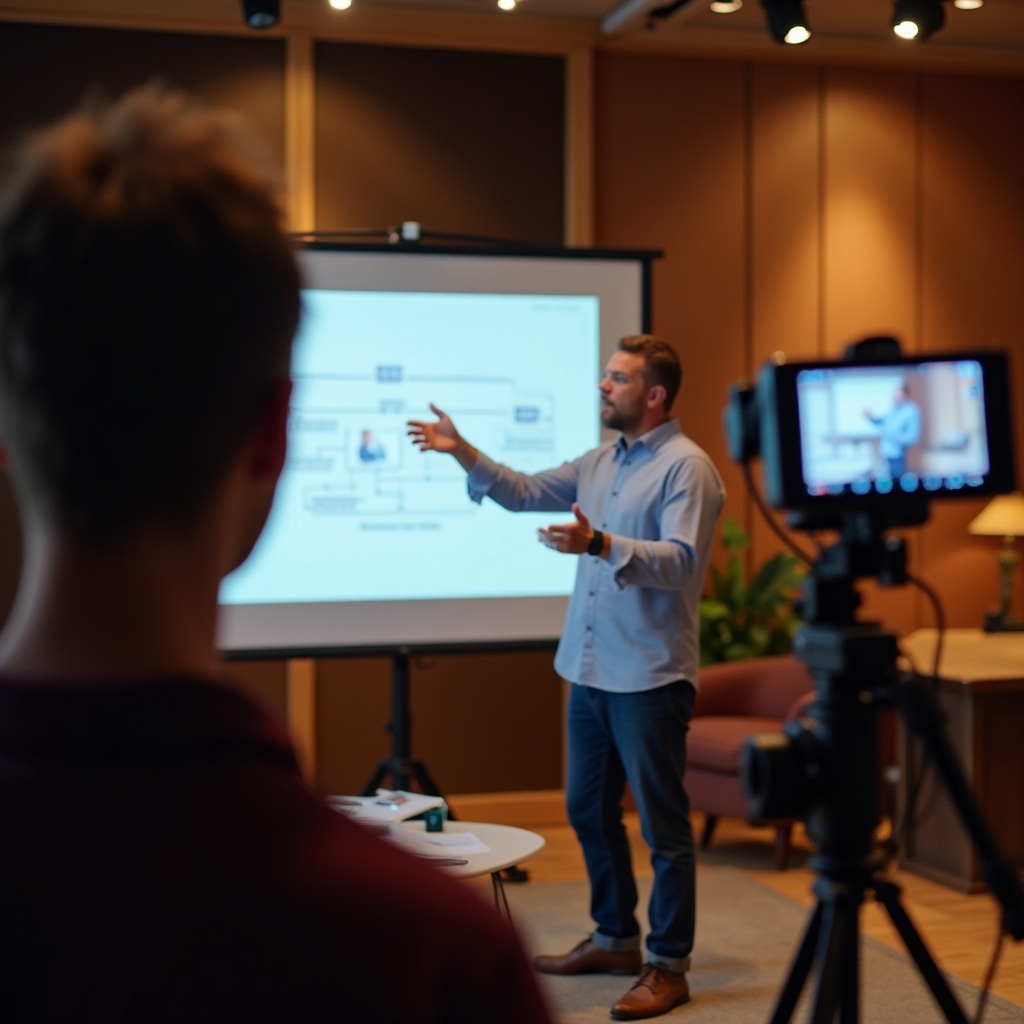 Recorded workshop setup showing a presenter explaining a framework on screen